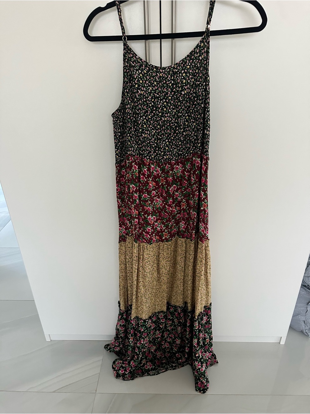 NATURAL LIFE Patchwork Floral Tiered Maxi Dress in Black, Red & Cream